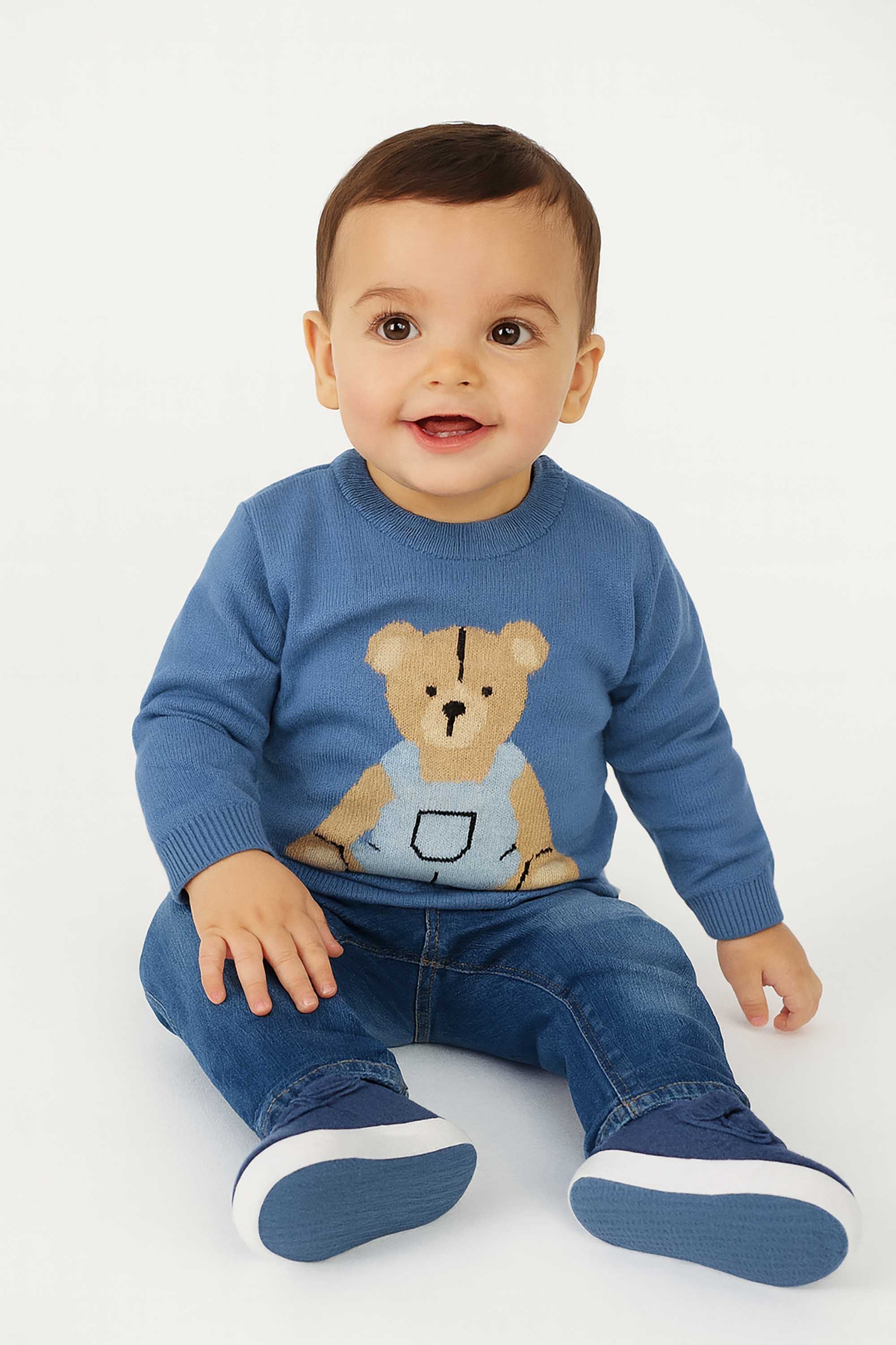 Blusa em Tricot com Urso Azul Denim Dame Dos