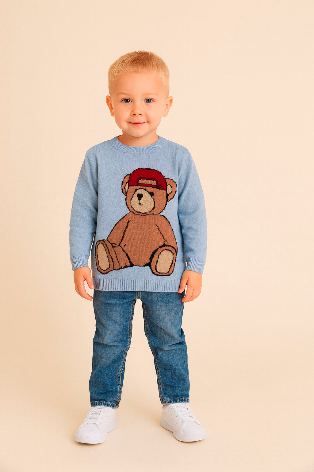 Malha em Tricot para Meninos Estampa Urso Boné Azul Claro