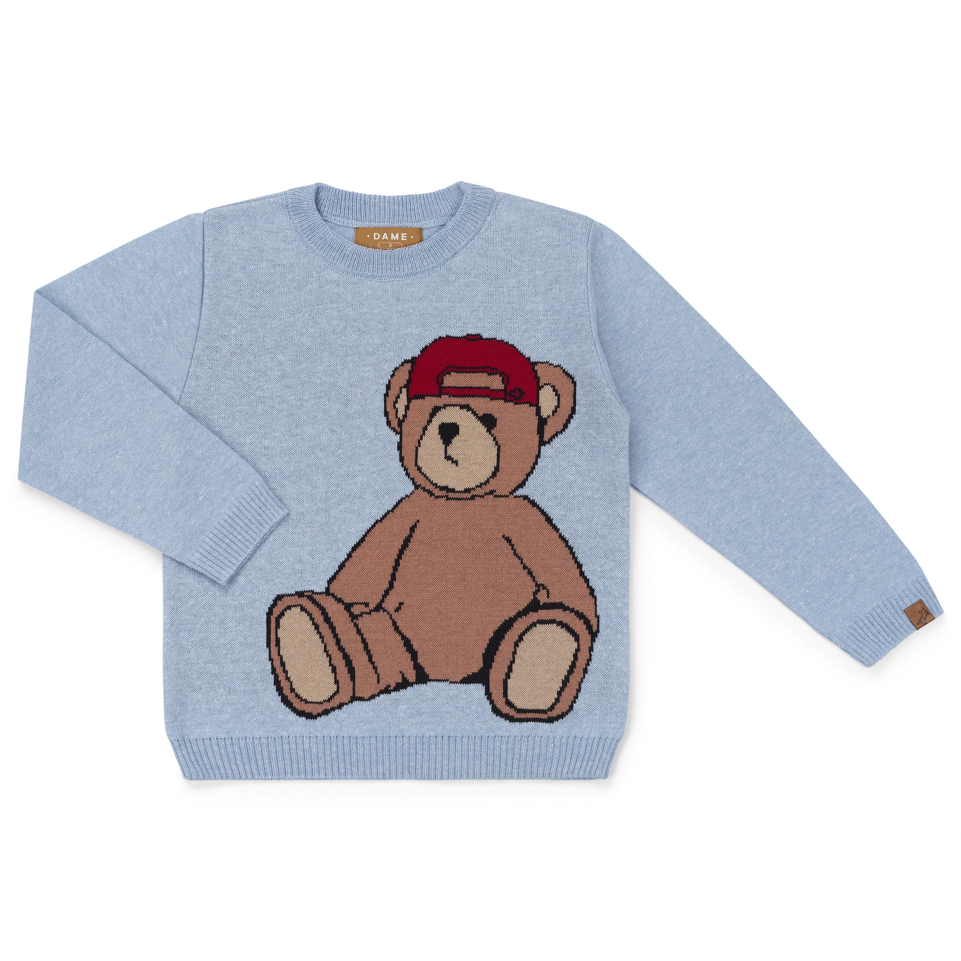 Malha em Tricot para Meninos Estampa Urso Boné Azul Claro