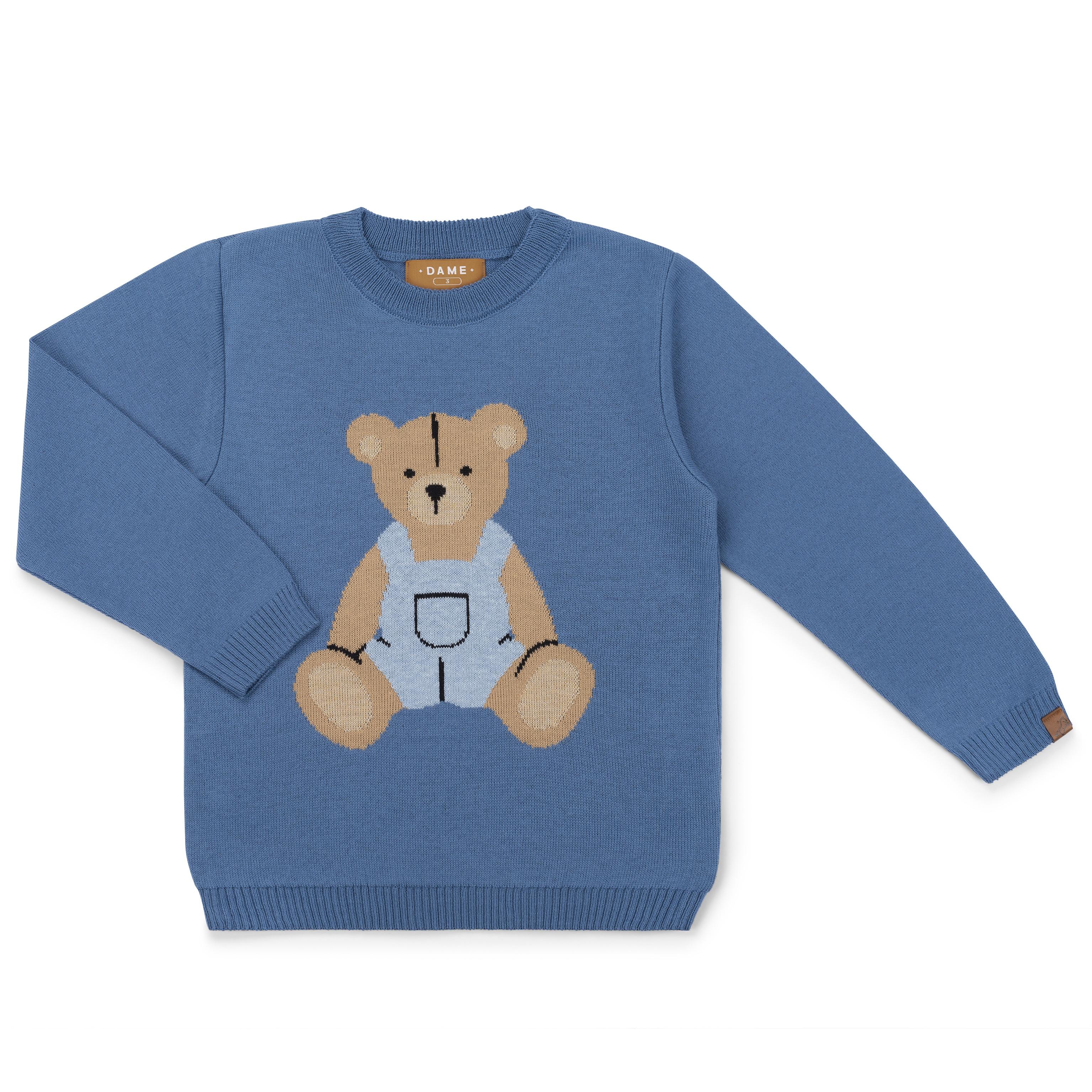 Blusa em Tricot com Urso Azul Denim Dame Dos